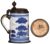 Two Faience steins, 9.4" ht., late 1700s, Bayreuther Walzenkrug, pewter lid & footring, lid has touch mark,&nbsp;lid inscription 1761, handle attached with pewter, glaze chips at bottom of handle; with, 10.0" ht., late 1700s, Bayreuther Walzenkrug, pewter lid - 3