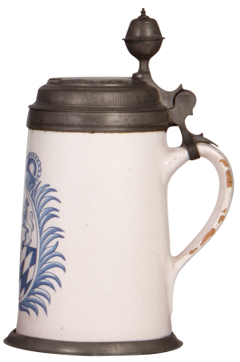 Two Faience steins, 9.4" ht., late 1700s, Bayreuther Walzenkrug, pewter lid & footring, lid has touch mark, lid inscription 1761, handle attached with pewter, glaze chips at bottom of handle; with, 10.0" ht., late 1700s, Bayreuther Walzenkrug, pewter lid - 4