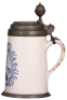 Two Faience steins, 9.4" ht., late 1700s, Bayreuther Walzenkrug, pewter lid & footring, lid has touch mark,&nbsp;lid inscription 1761, handle attached with pewter, glaze chips at bottom of handle; with, 10.0" ht., late 1700s, Bayreuther Walzenkrug, pewter lid - 4