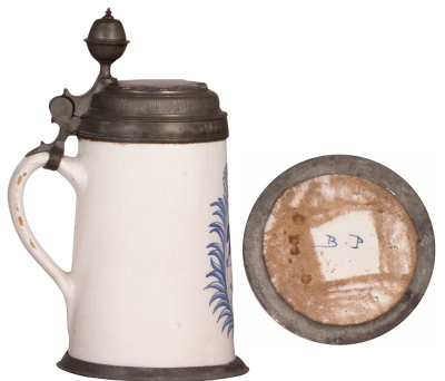 Two Faience steins, 9.4" ht., late 1700s, Bayreuther Walzenkrug, pewter lid & footring, lid has touch mark, lid inscription 1761, handle attached with pewter, glaze chips at bottom of handle; with, 10.0" ht., late 1700s, Bayreuther Walzenkrug, pewter lid - 5