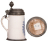 Two Faience steins, 9.4" ht., late 1700s, Bayreuther Walzenkrug, pewter lid & footring, lid has touch mark,&nbsp;lid inscription 1761, handle attached with pewter, glaze chips at bottom of handle; with, 10.0" ht., late 1700s, Bayreuther Walzenkrug, pewter lid - 5