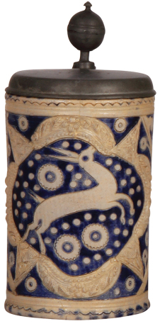 Stoneware stein, 9.3" ht., late 1700s, Westerwälder Walzenkrug, incised, applied relief, horse and pinecones, blue salt glaze, pewter lid, a couple of tight lines.