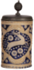 Stoneware stein, 9.3" ht., late 1700s, Westerw&auml;lder Walzenkrug,&nbsp;incised, applied relief, horse and pinecones, blue salt glaze, pewter lid, a couple of tight lines.