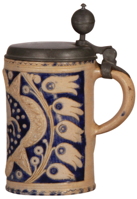 Stoneware stein, 9.3" ht., late 1700s, Westerwälder Walzenkrug, incised, applied relief, horse and pinecones, blue salt glaze, pewter lid, a couple of tight lines. - 2