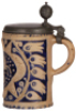 Stoneware stein, 9.3" ht., late 1700s, Westerw&auml;lder Walzenkrug,&nbsp;incised, applied relief, horse and pinecones, blue salt glaze, pewter lid, a couple of tight lines. - 2