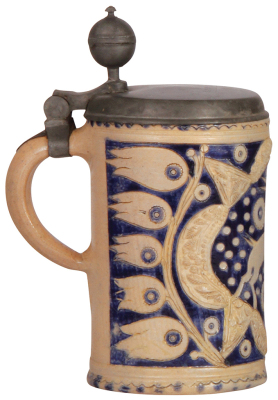 Stoneware stein, 9.3" ht., late 1700s, Westerwälder Walzenkrug, incised, applied relief, horse and pinecones, blue salt glaze, pewter lid, a couple of tight lines. - 3