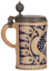 Stoneware stein, 9.3" ht., late 1700s, Westerw&auml;lder Walzenkrug,&nbsp;incised, applied relief, horse and pinecones, blue salt glaze, pewter lid, a couple of tight lines. - 3