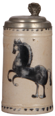 Stoneware stein, 7.8" ht., late 1700s, Westerwälder Walzenkrug, incised, blue salt glaze, horse, pewter lid, two 1" upper rim chips covered by lid.