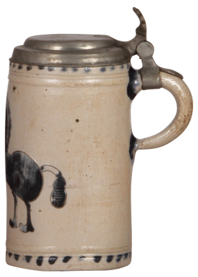 Stoneware stein, 7.8" ht., late 1700s, Westerwälder Walzenkrug, incised, blue salt glaze, horse, pewter lid, two 1" upper rim chips covered by lid. - 2