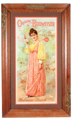 Anheuser-Busch lithograph on paper, framed 38.2" x 23.5", Original Budweiser, marked: Copyright, 1892 by The Knapp Co. Lith., N.Y., Anheuser-Busch relief frame, fresh matting & glass, area of color missing in lower right, light crease lower portion of dre