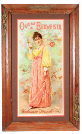 Anheuser-Busch lithograph on paper, framed 38.2" x 23.5", Original Budweiser, marked: Copyright, 1892 by The Knapp Co. Lith., N.Y., Anheuser-Busch relief frame, fresh matting & glass, area of color missing in lower right, light crease lower portion of dre