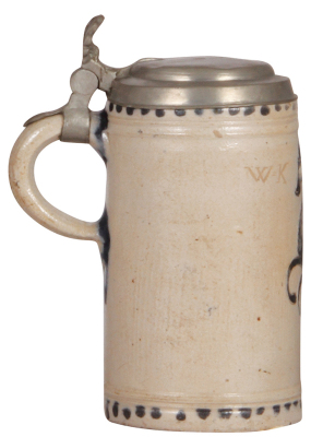 Stoneware stein, 7.8" ht., late 1700s, Westerwälder Walzenkrug, incised, blue salt glaze, horse, pewter lid, two 1" upper rim chips covered by lid. - 3