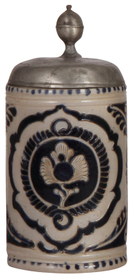 Stoneware stein, 8.1" ht., late 1700s, Westerwälder Walzenkrug, incised, blue salt glaze, pewter lid, pewter touch mark, lid repaired and is rough, body good condition.