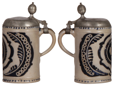 Stoneware stein, 8.1" ht., late 1700s, Westerwälder Walzenkrug, incised, blue salt glaze, pewter lid, pewter touch mark, lid repaired and is rough, body good condition. - 2