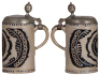 Stoneware stein, 8.1" ht., late 1700s, Westerw&auml;lder Walzenkrug,&nbsp;incised, blue salt glaze, pewter lid, pewter touch mark, lid repaired and is rough, body good condition. - 2