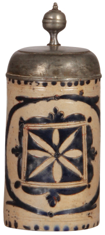 Stoneware stein, 8.6" ht., late 1700s, Westerwälder Walzenkrug, incised, blue salt glaze, pewter lid, some scratches on lid, good condition.