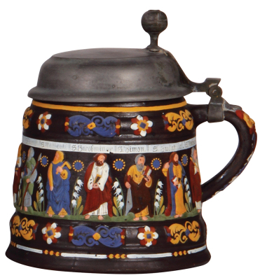 Pottery stein, 1.0L, 8.1" ht., relief, Creussen style, c.1900s, Apostles, pewter lid, thumblift damaged, minor wear. - 2