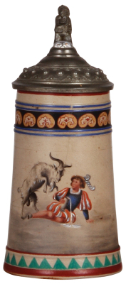 Stoneware stein, .5L, hand-painted, by Saltzer, pewter lid, cracks have been glued, looks fairly good.    