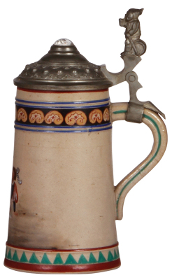 Stoneware stein, .5L, hand-painted, by Saltzer, pewter lid, cracks have been glued, looks fairly good.     - 2