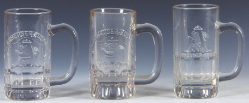 Three Pre-Prohibition embossed beer glass mugs, 5.1'' to 5.4'' ht., two are Anheuser-Busch A & Eagle, one is&nbsp;A & Eagle, one has chips in center of glass, otherwise excellent condition.