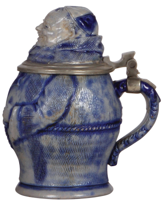 Character stein, .5L, stoneware, Monk, blue saltglaze, small chips at edge of inlay repaired. - 2