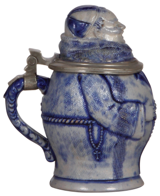 Character stein, .5L, stoneware, Monk, blue saltglaze, small chips at edge of inlay repaired. - 3