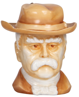 Character stein, .5L, porcelain, marked Musterschutz, by Schierholz, Bismarck in Retirement, small chip on rim of hat and small chip on upper rim of the body.