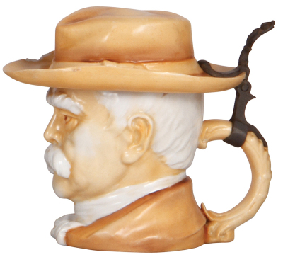 Character stein, .5L, porcelain, marked Musterschutz, by Schierholz, Bismarck in Retirement, small chip on rim of hat and small chip on upper rim of the body. - 2