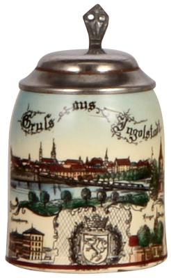 Pottery stein, 4.2" ht., transfer & hand-painted, Gruss aus Ingolstadt, pewter lid, mint.