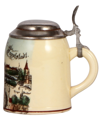 Pottery stein, 4.2" ht., transfer & hand-painted, Gruss aus Ingolstadt, pewter lid, mint. - 2