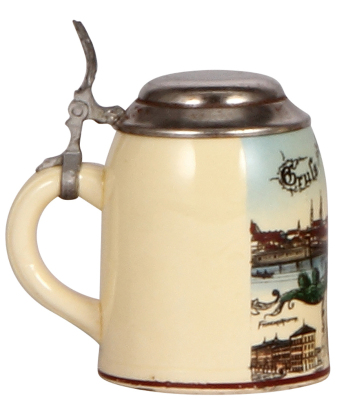 Pottery stein, 4.2" ht., transfer & hand-painted, Gruss aus Ingolstadt, pewter lid, mint. - 3