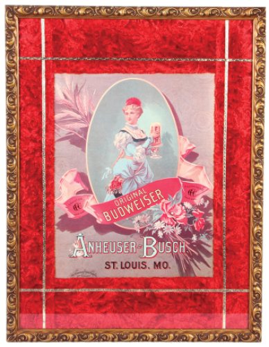 Anheuser-Busch lithograph on paper, framed 25.5" x 19.5", Original Budweiser,&nbsp;marked: The Henderson Achert Krebs Co. Lith., Cincinnati, O., velvet matting, very good condition.