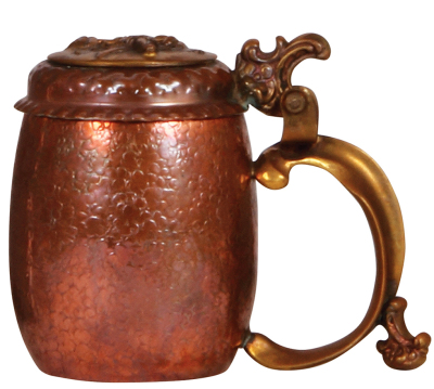 Copper stein, .3L, hand-chased, early 1900s, marked J. Heichlinger, Handarbeit München, relief brass lid & brass handles, mint.