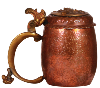 Copper stein, .3L, hand-chased, early 1900s, marked J. Heichlinger, Handarbeit München, relief brass lid & brass handles, mint. - 2