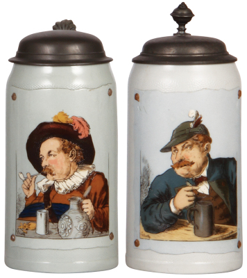 Two Mettlach steins, 1.0L, 1641 & 1644, etched, tapestry, pewter lids, both mint.