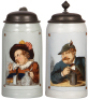 Two Mettlach steins, 1.0L, 1641 & 1644, etched, tapestry, pewter lids, both mint.