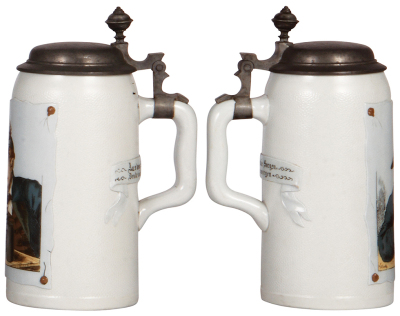 Two Mettlach steins, 1.0L, 1641 & 1644, etched, tapestry, pewter lids, both mint. - 3