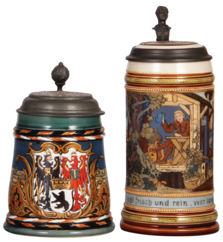 Two Mettlach steins, .5L, 2024, & .5L, 2531, etched, inlaid lids, both mint.