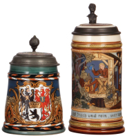Two Mettlach steins, .5L, 2024, & .5L, 2531, etched, inlaid lids, both mint.