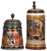 Two Mettlach steins, .5L, 2024, & .5L, 2531, etched, inlaid lids, both mint.
