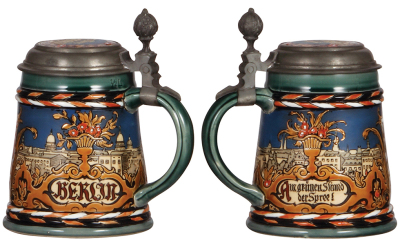 Two Mettlach steins, .5L, 2024, & .5L, 2531, etched, inlaid lids, both mint. - 2