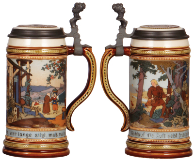 Two Mettlach steins, .5L, 2024, & .5L, 2531, etched, inlaid lids, both mint. - 3