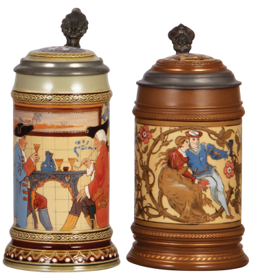 Two Mettlach steins, .5L, 2752, etched, by H. Schlitt, inlaid lid, mint; with, .5L, 1968, etched, inlaid lid, mint.