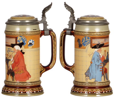 Two Mettlach steins, .5L, 2752, etched, by H. Schlitt, inlaid lid, mint; with, .5L, 1968, etched, inlaid lid, mint. - 2