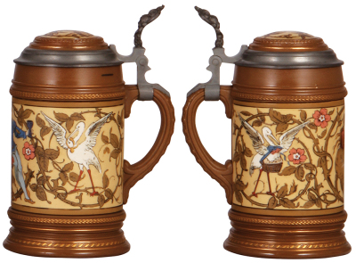 Two Mettlach steins, .5L, 2752, etched, by H. Schlitt, inlaid lid, mint; with, .5L, 1968, etched, inlaid lid, mint. - 3