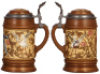Two Mettlach steins, .5L, 2752, etched, by H. Schlitt, inlaid lid, mint; with,&nbsp;.5L, 1968, etched, inlaid lid, mint. - 3