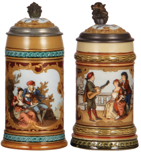 Two Mettlach steins, .5L, 1946, etched, inlaid lid, mint; with,&nbsp;.5L, 2285, etched, inlaid lid, mint.&nbsp;