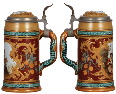 Two Mettlach steins, .5L, 1946, etched, inlaid lid, mint; with, .5L, 2285, etched, inlaid lid, mint.  - 2