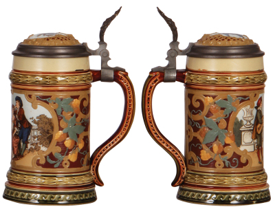 Two Mettlach steins, .5L, 1946, etched, inlaid lid, mint; with, .5L, 2285, etched, inlaid lid, mint.  - 3