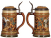 Two Mettlach steins, .5L, 1946, etched, inlaid lid, mint; with,&nbsp;.5L, 2285, etched, inlaid lid, mint.&nbsp; - 3